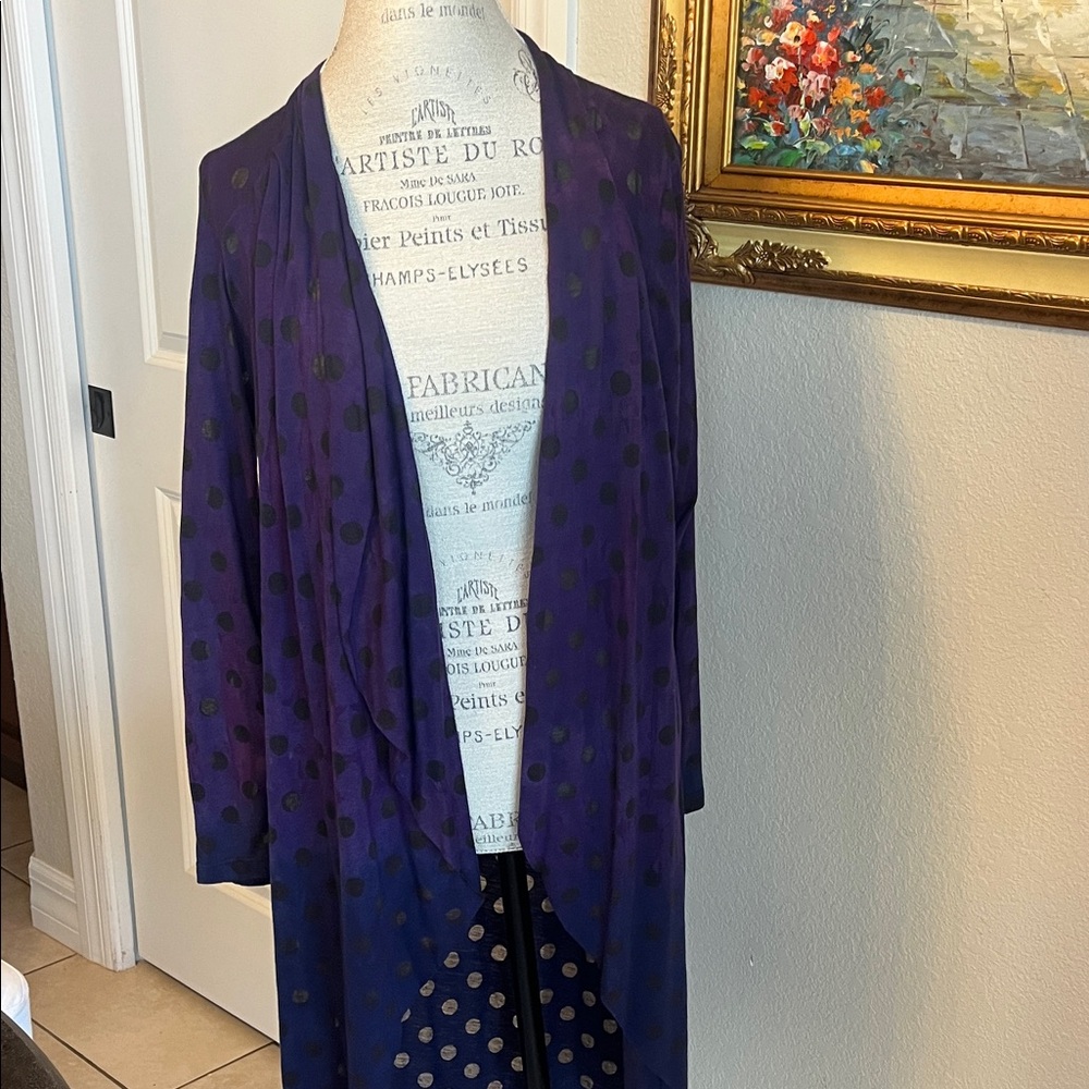 Art of Cloth purple w/ sheer polkadots open front long sleeve Lagenlook duster L